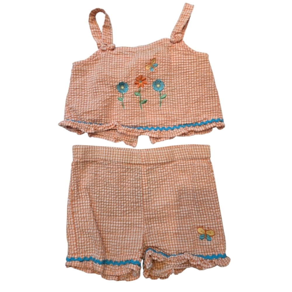 Vintage Y2k Young Hearts Orange Gingham 2pc Shorts Tank Top Set